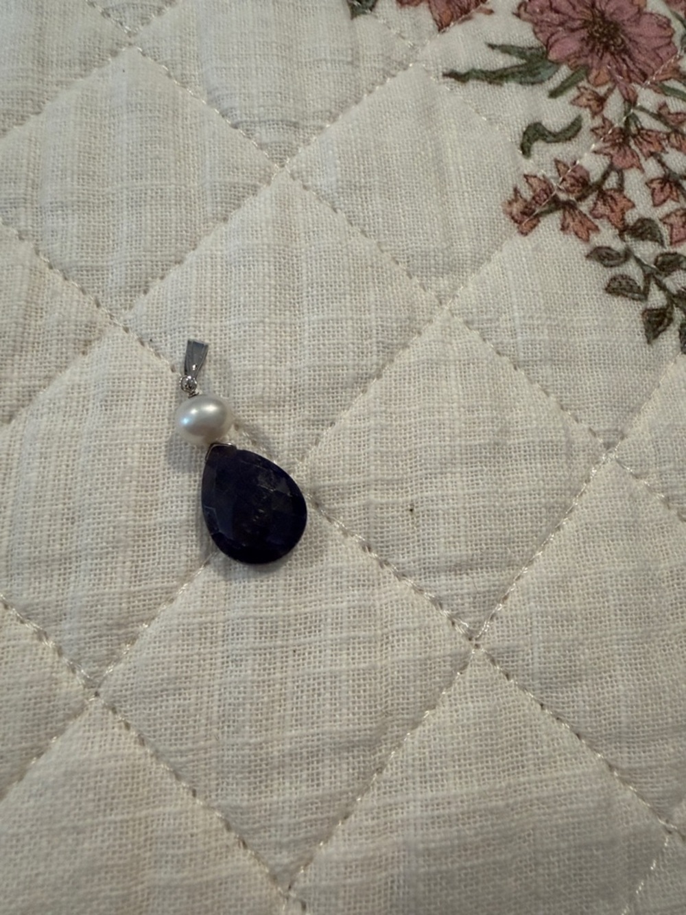 Pearl and Raw Saphire Teardrop Pendant .925